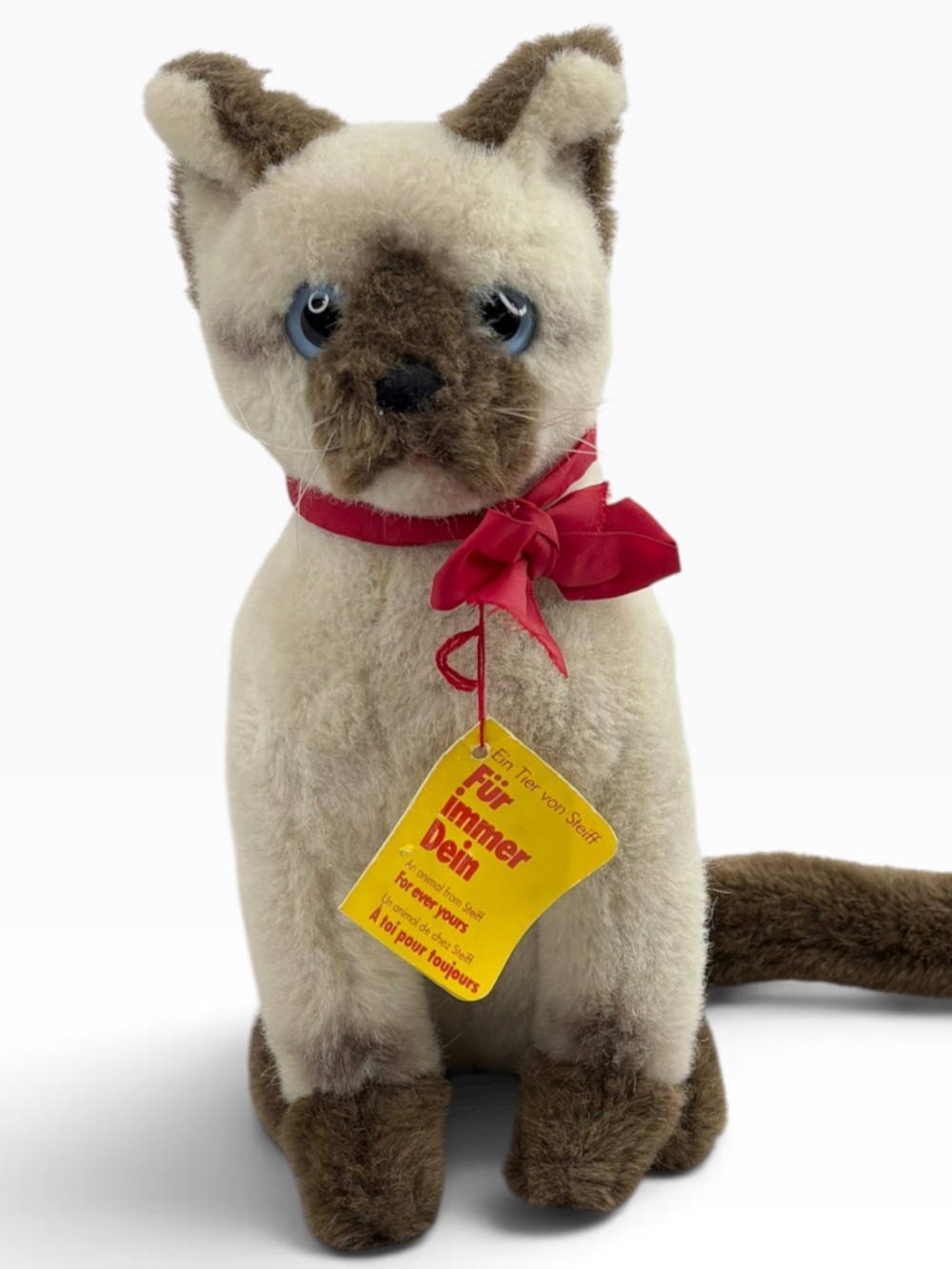 Vintage Steiff Mohair Sitting 10” Tall Cream Brown Siamese Cat Blue Eyes Red Bow